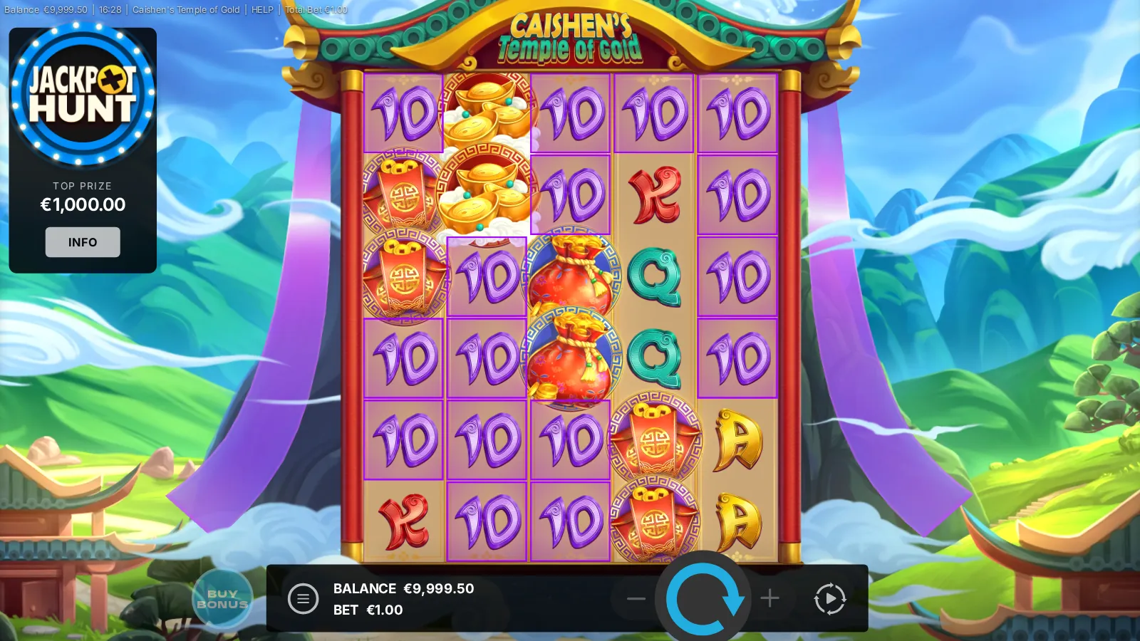 Caishen's Temple of Gold grid with 16 purple 10s outlined during Lock & Respin