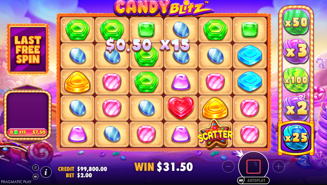 Candy Blitz on its last free spin, a $0.50 clear paying $7.50 at x15 with the multiplier.
