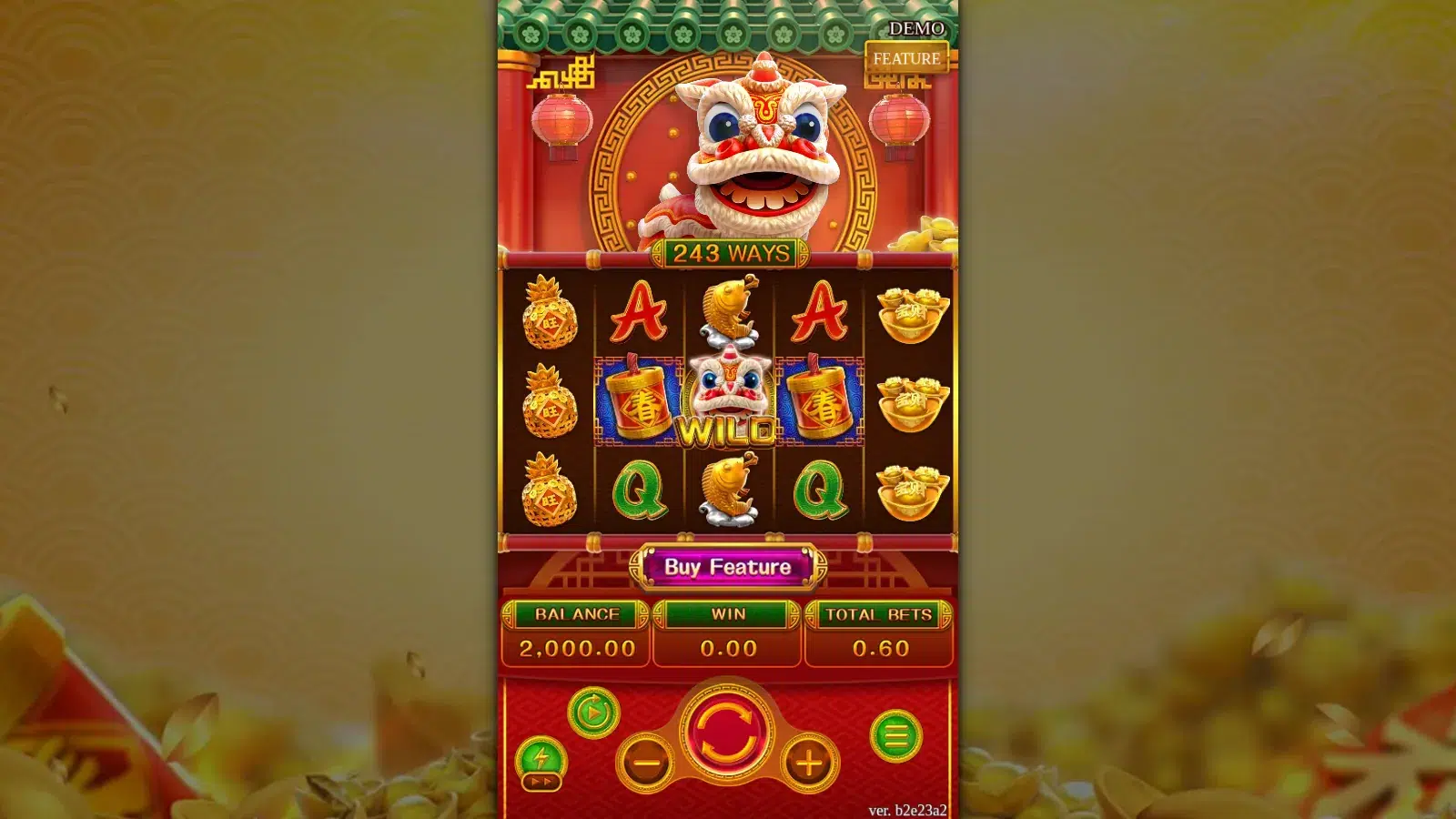 Chinese New Year lion dance head above a 5x3 grid with the Wild on reel 3 and firecrackers on reels 2 and 4