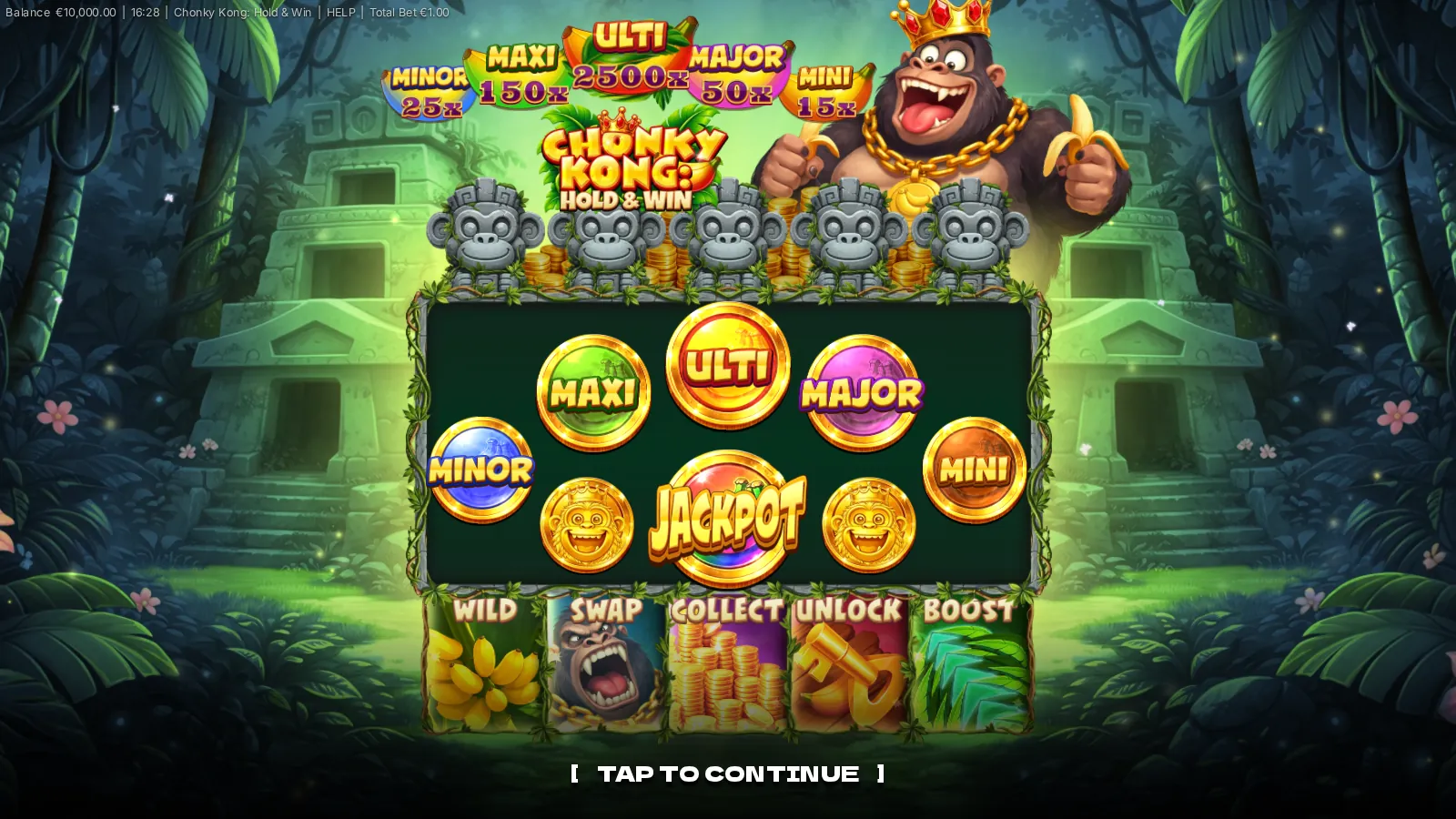 Chonky Kong: Hold & Win intro screen with the crowned gorilla, five jackpot badges and five stone totems