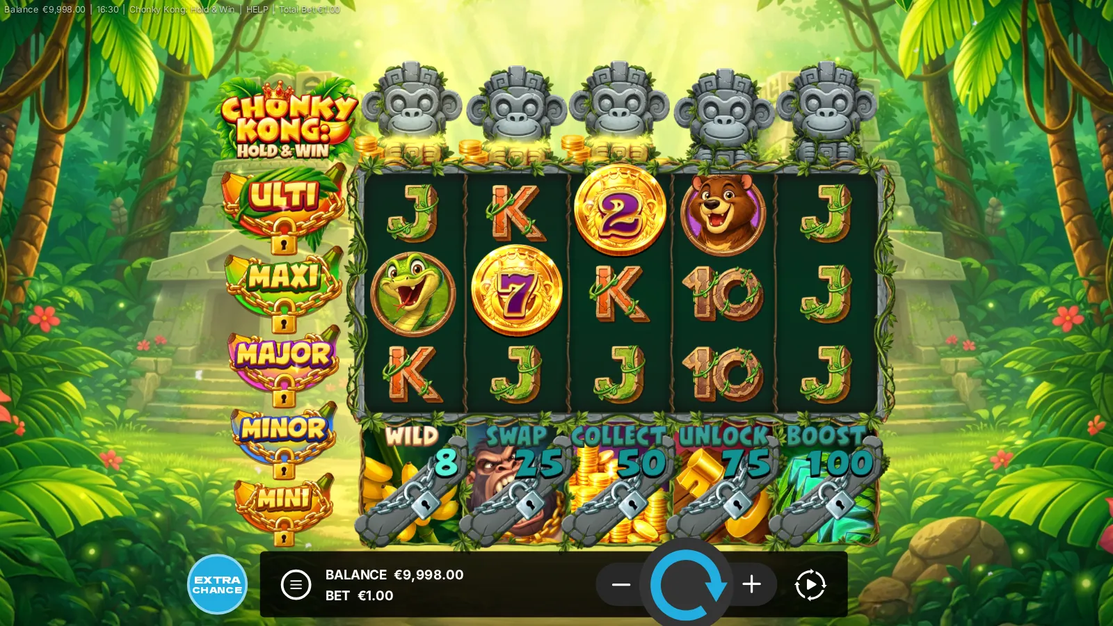 Chonky Kong 5x3 reels with 7x and 2x Golden Coins and five padlocked level panels
