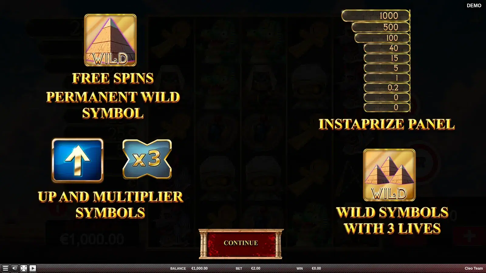 Cleo Team intro screen showing the Wild, UP and x3 Multiplier tiles and the InstaPrize panel