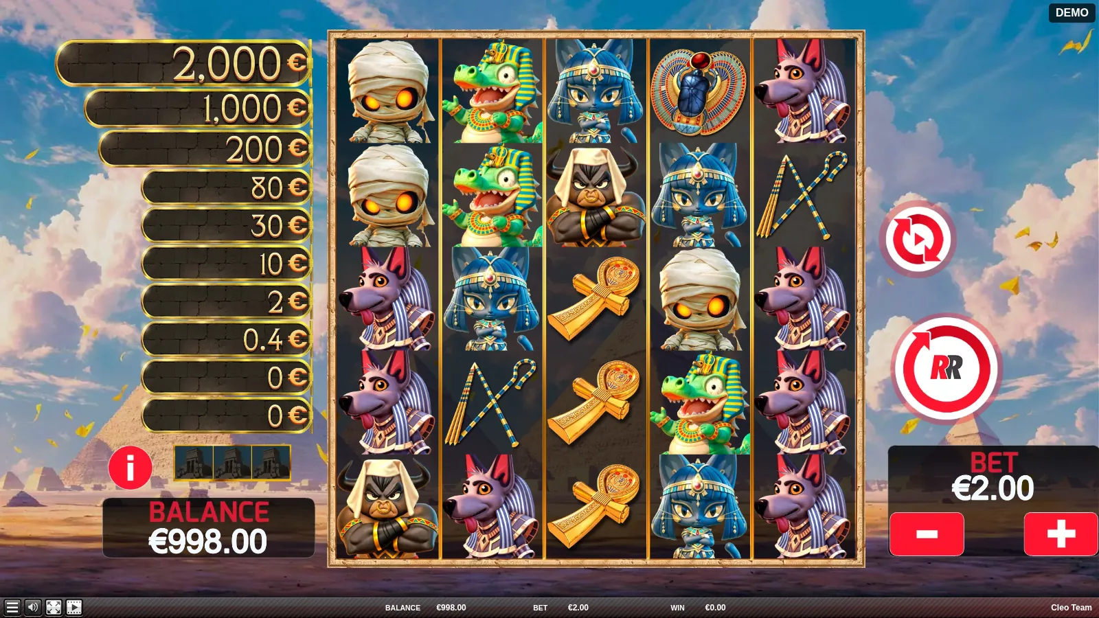 Cleo Team 5x5 reels with Cleo, the bull, crocodile, Anubis and mummy beside the InstaPrize panel