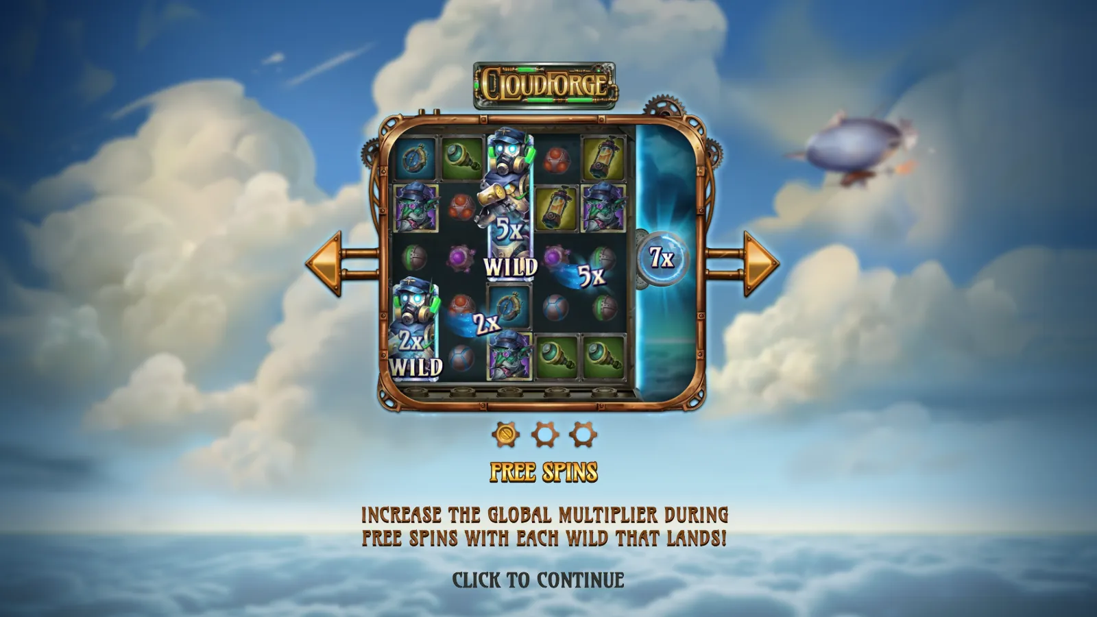 Cloudforge splash screen with the gold logo plaque, two Wilds feeding a 7x panel and a grey zeppelin