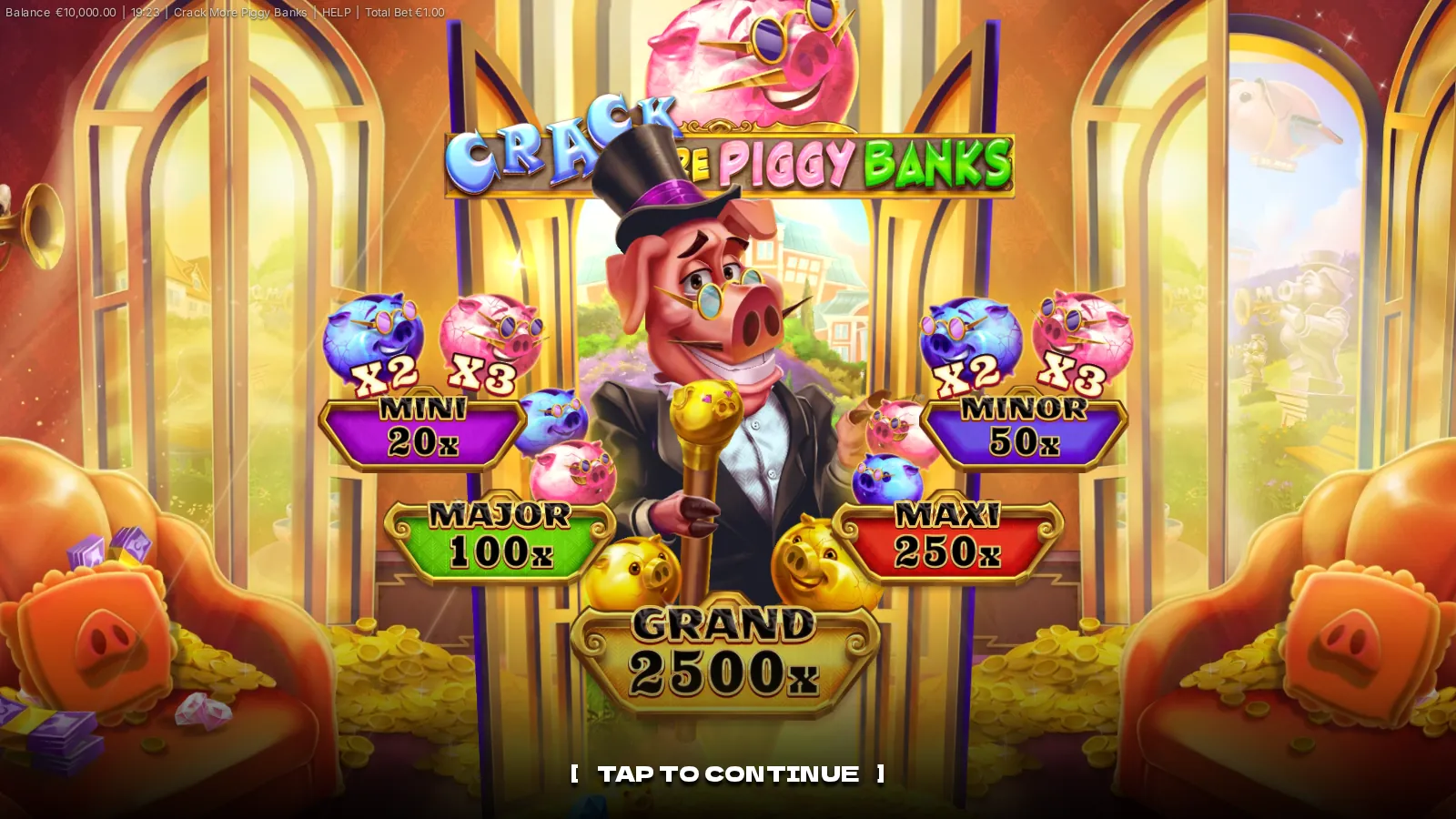Crack More Piggy Banks splash screen with the top-hatted pig, x2 and x3 piggy banks, and the jackpot plaques