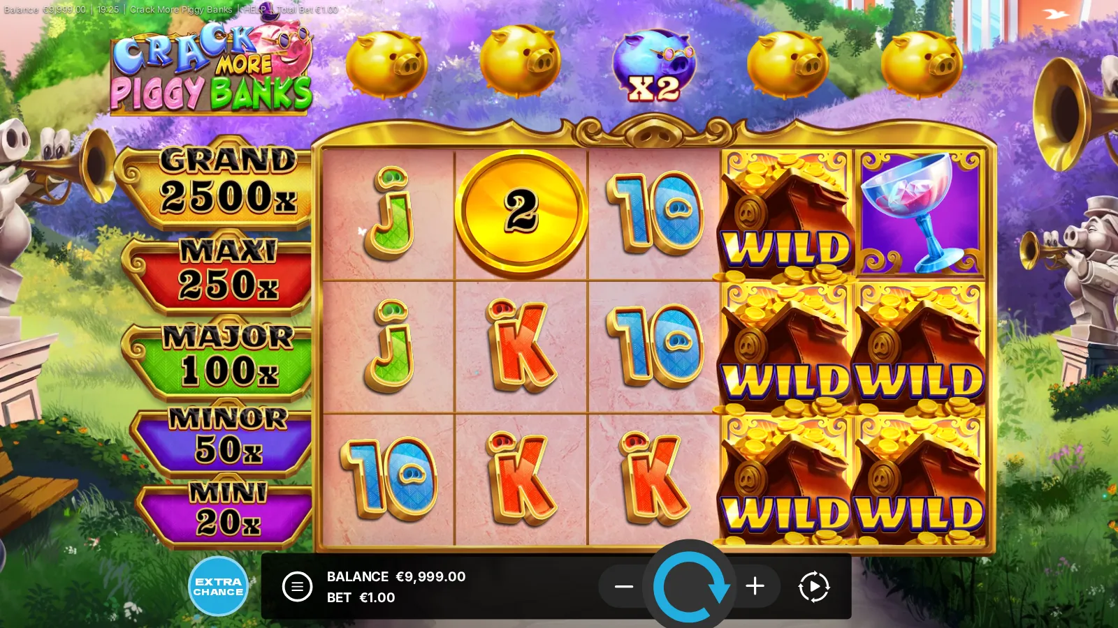 Crack More Piggy Banks reels under a blue x2 bank with a Golden Coin on reel 2