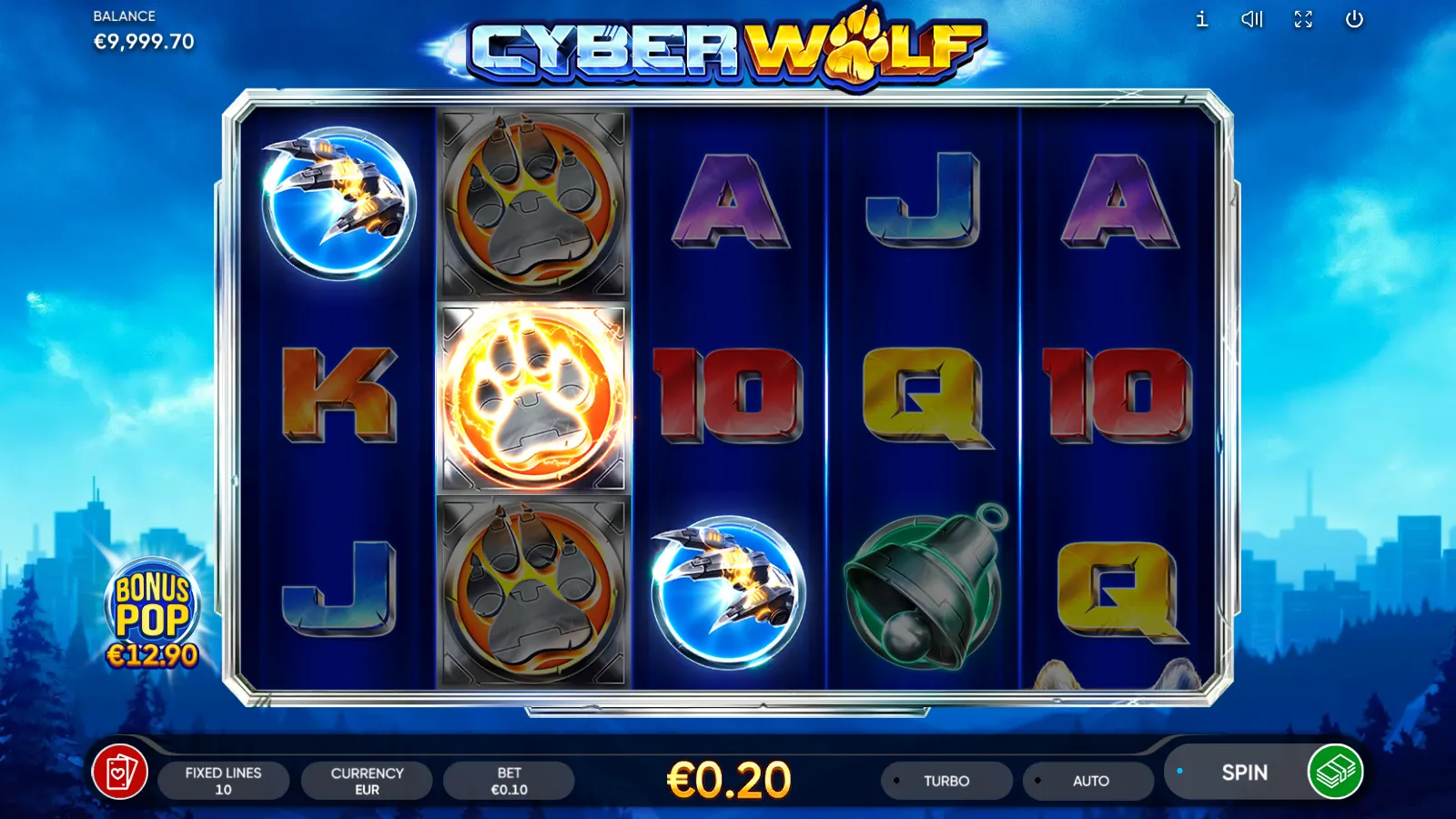 Cyber Wolf reel 2 filled with three stacked paw Wilds completing a claw jet line