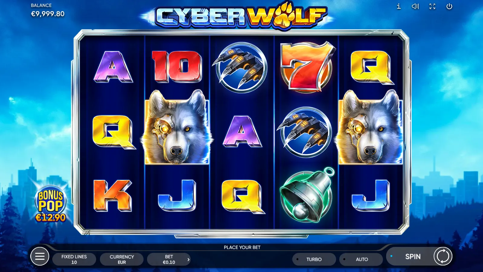 Cyber Wolf reels with two cyborg wolf heads on the middle row of reels 2 and 5