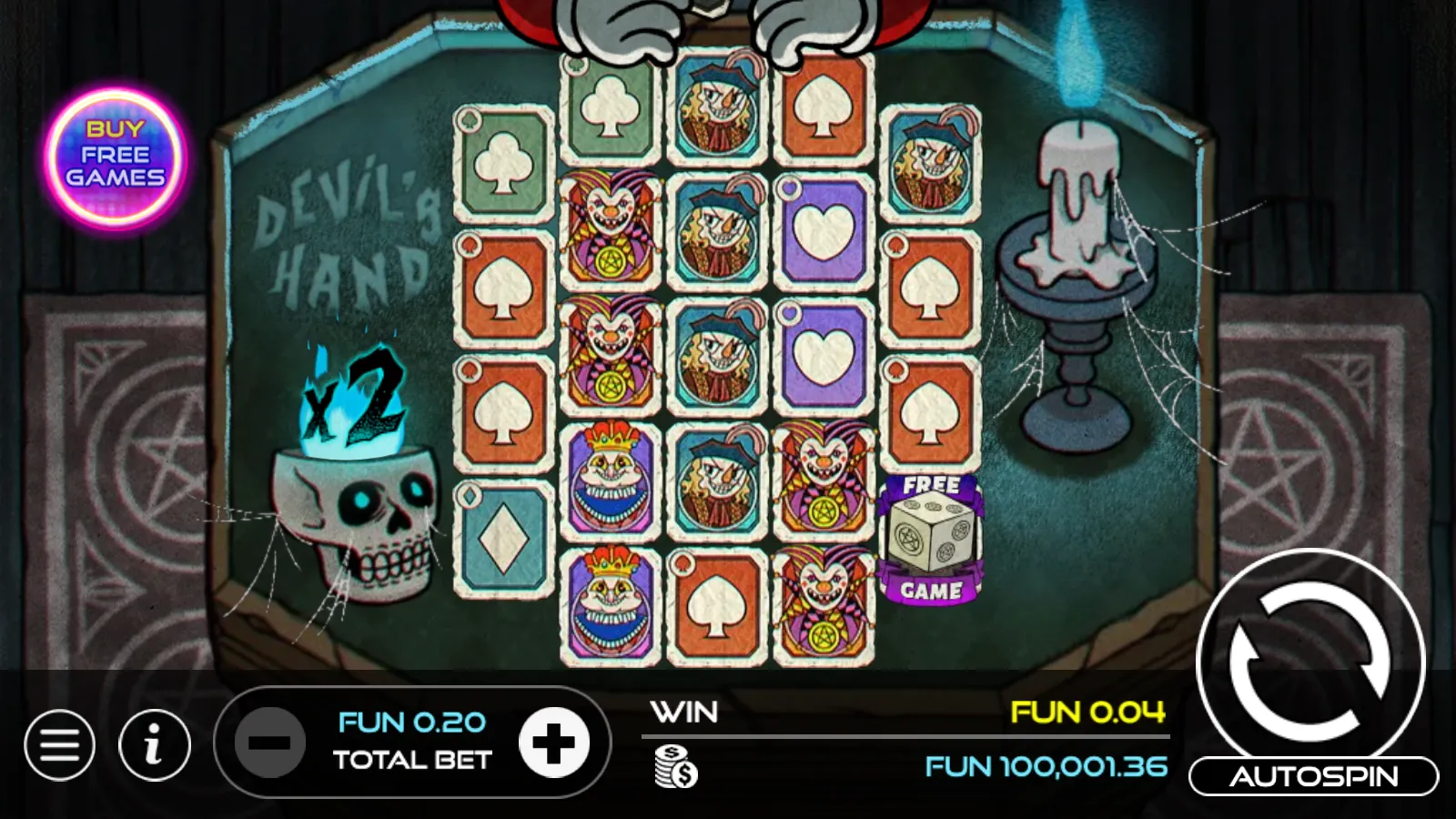 Devil's Hand 4-5-5-5-4 reels of suit cards and clown faces with the Free Games Scatter die on reel 5 and the flaming skull multiplier at x2