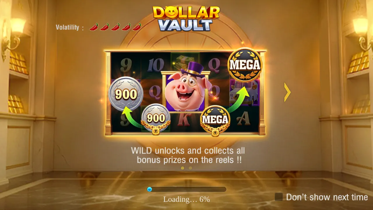 Dollar Vault loading card with the top-hatted pig WILD and chained MEGA and silver coins on a reel grid
