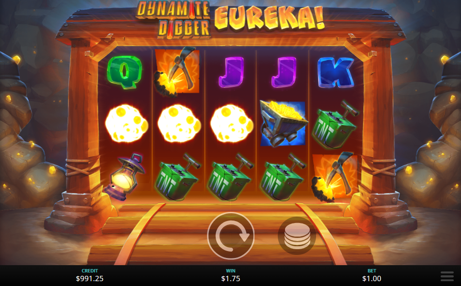 Dynamite Digger Eureka mid-cascade, symbols exploding on the reels as fresh ones fall into the gaps