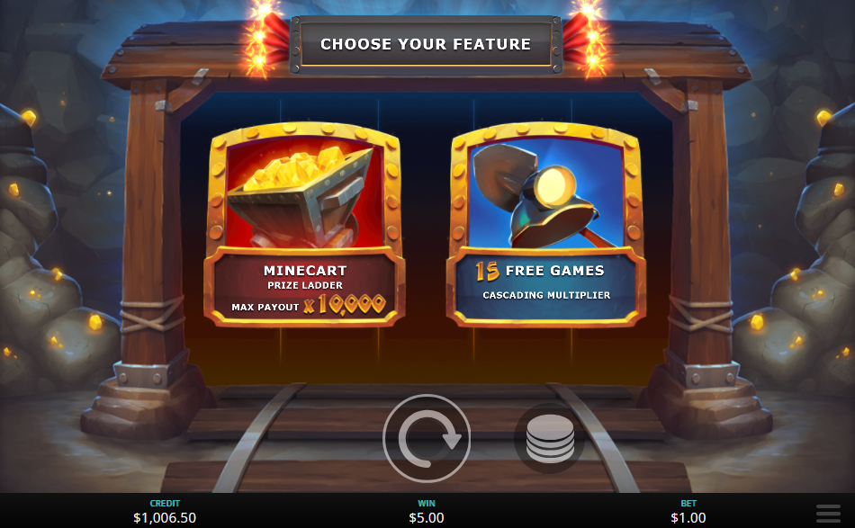 Dynamite Digger Eureka feature choice, a Minecart prize ladder card against a 15 Free Games card, the two routes offered side by side