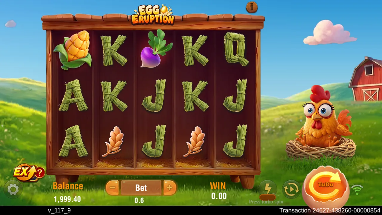 Egg Eruption reels with corn, a radish and two wheat ears among straw letters, a hen nesting beside the coop and a red barn behind