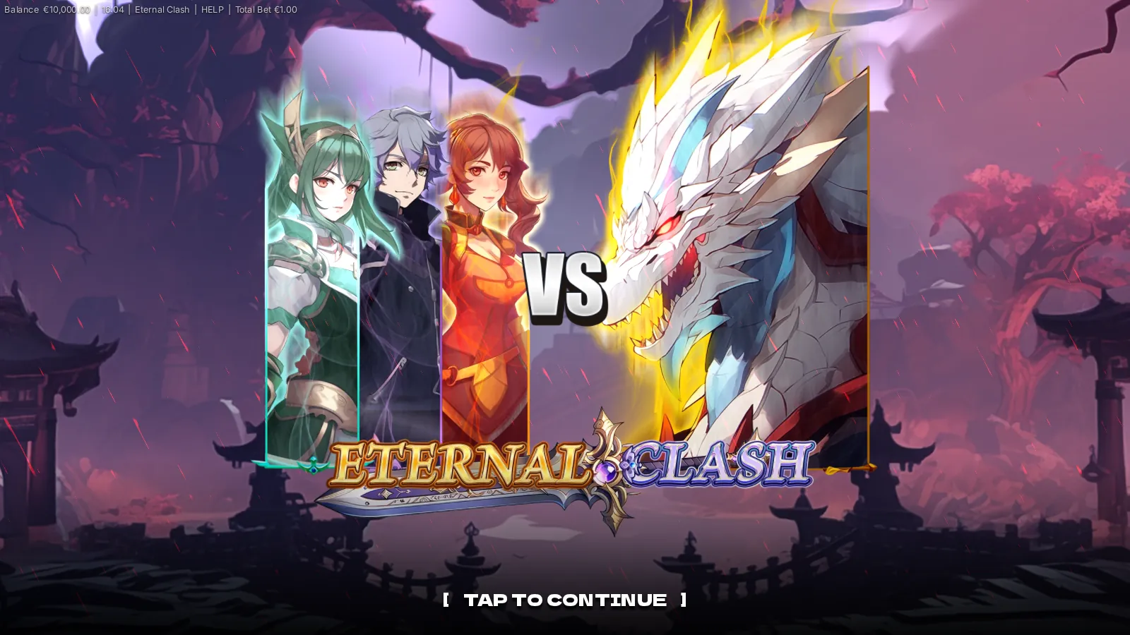 Eternal Clash intro screen with Gaia, Arcanos and Crimerra facing the white dragon Corruptus across a VS