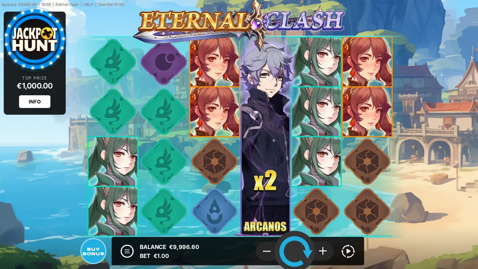 Eternal Clash reels with an Arcanos big symbol filling reel 4