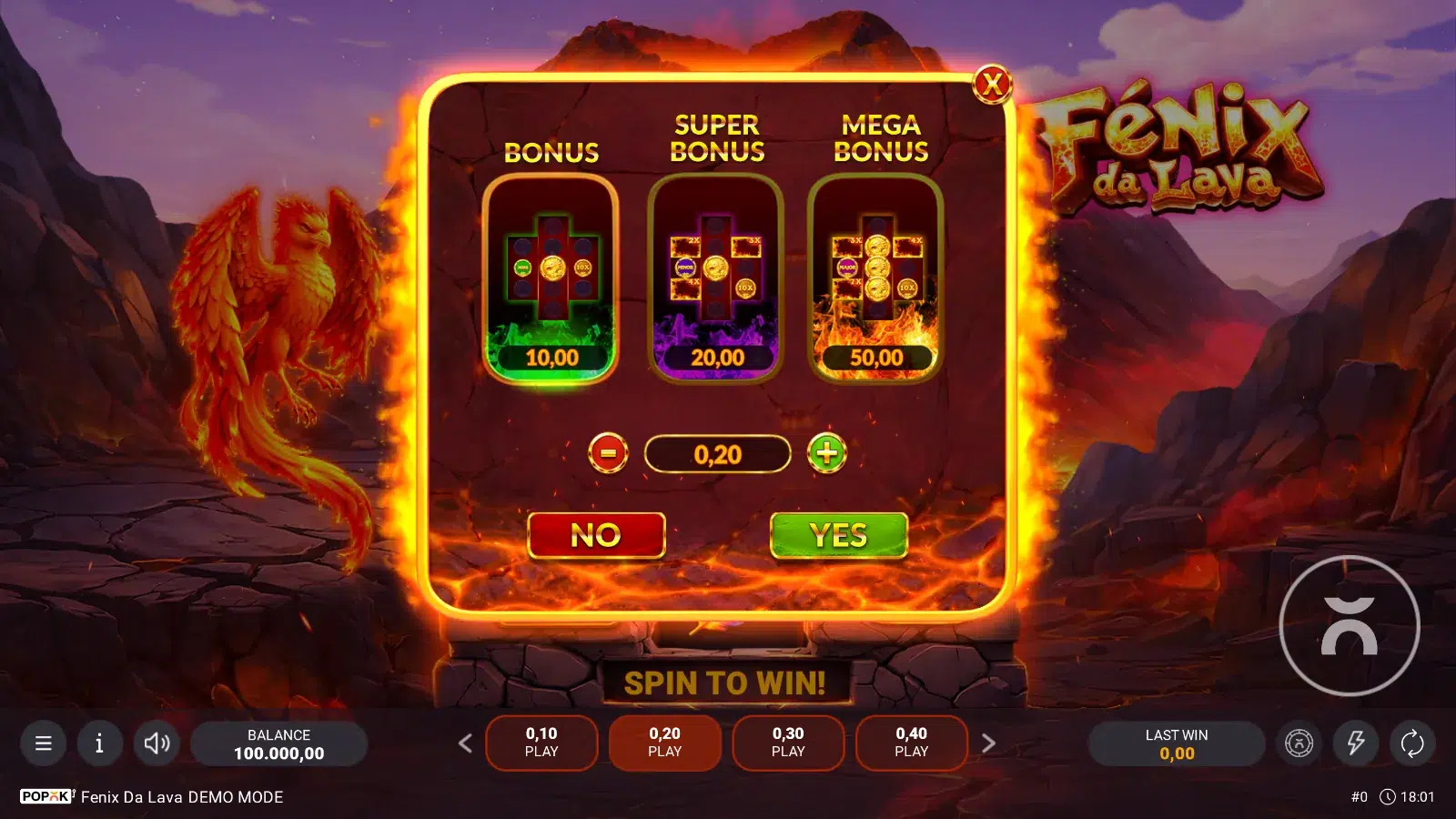 Fénix da Lava Buy Bonus dialog with three flame cards for the Bonus, Super Bonus and Mega Bonus