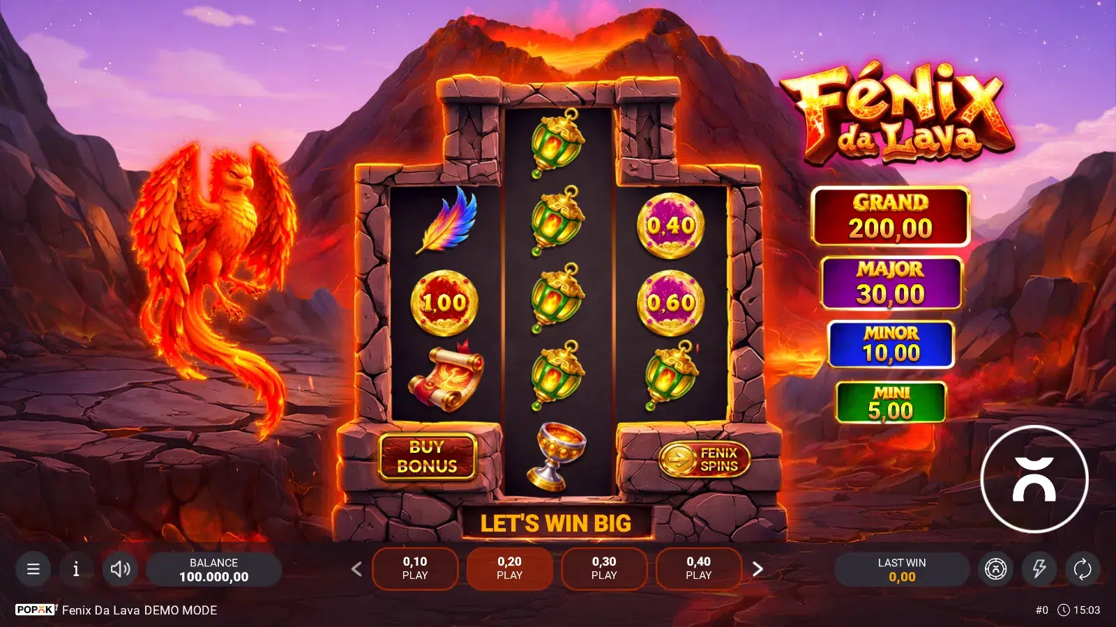 Fénix da Lava reels: 3-5-3 stone grid with Bonus coins on reels 1 and 3, lanterns on the tall middle reel and a phoenix beside it