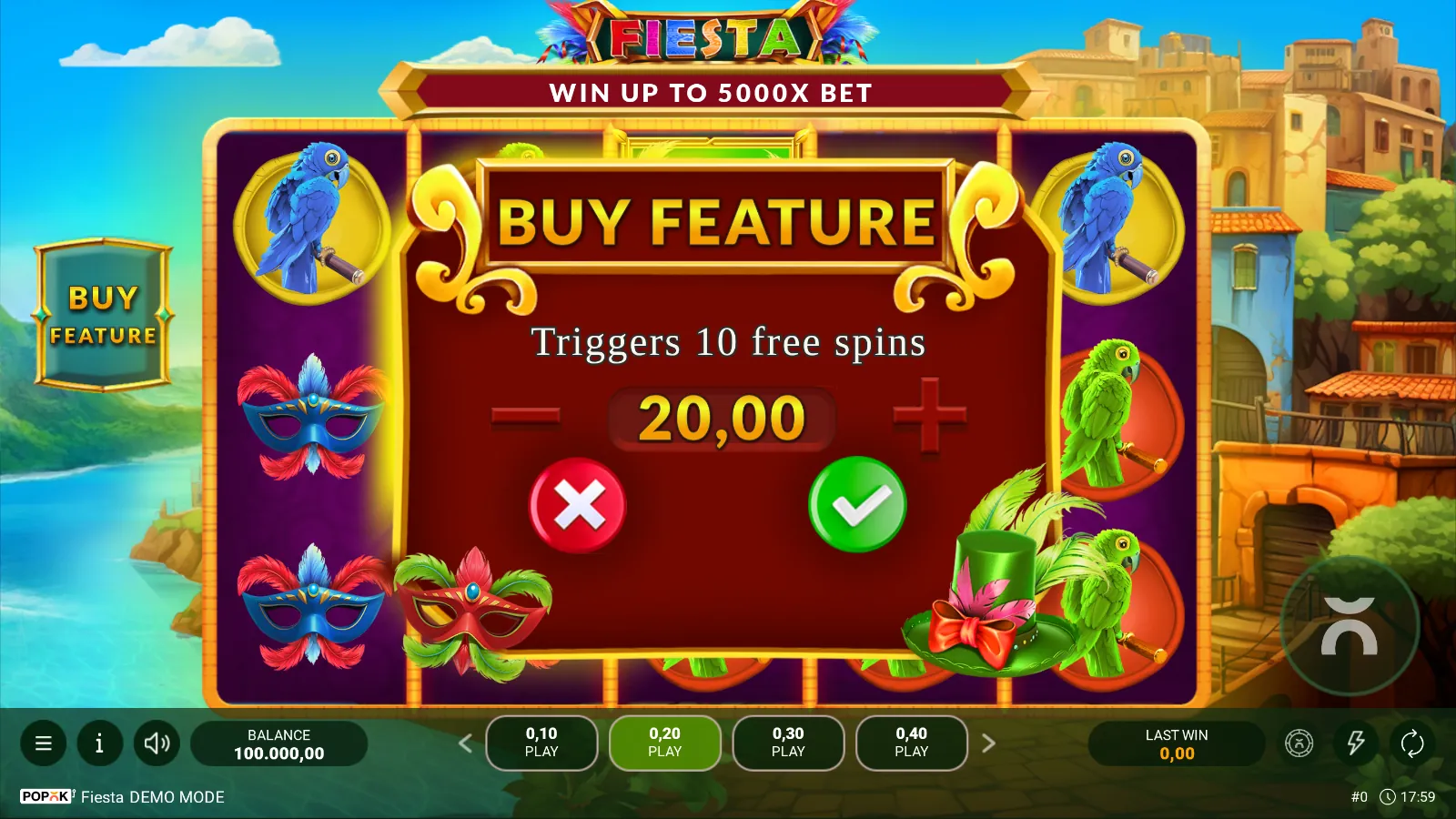 Fiesta Buy Feature dialog offering 10 free spins, with a green top-hat Wild and a red mask on its frame