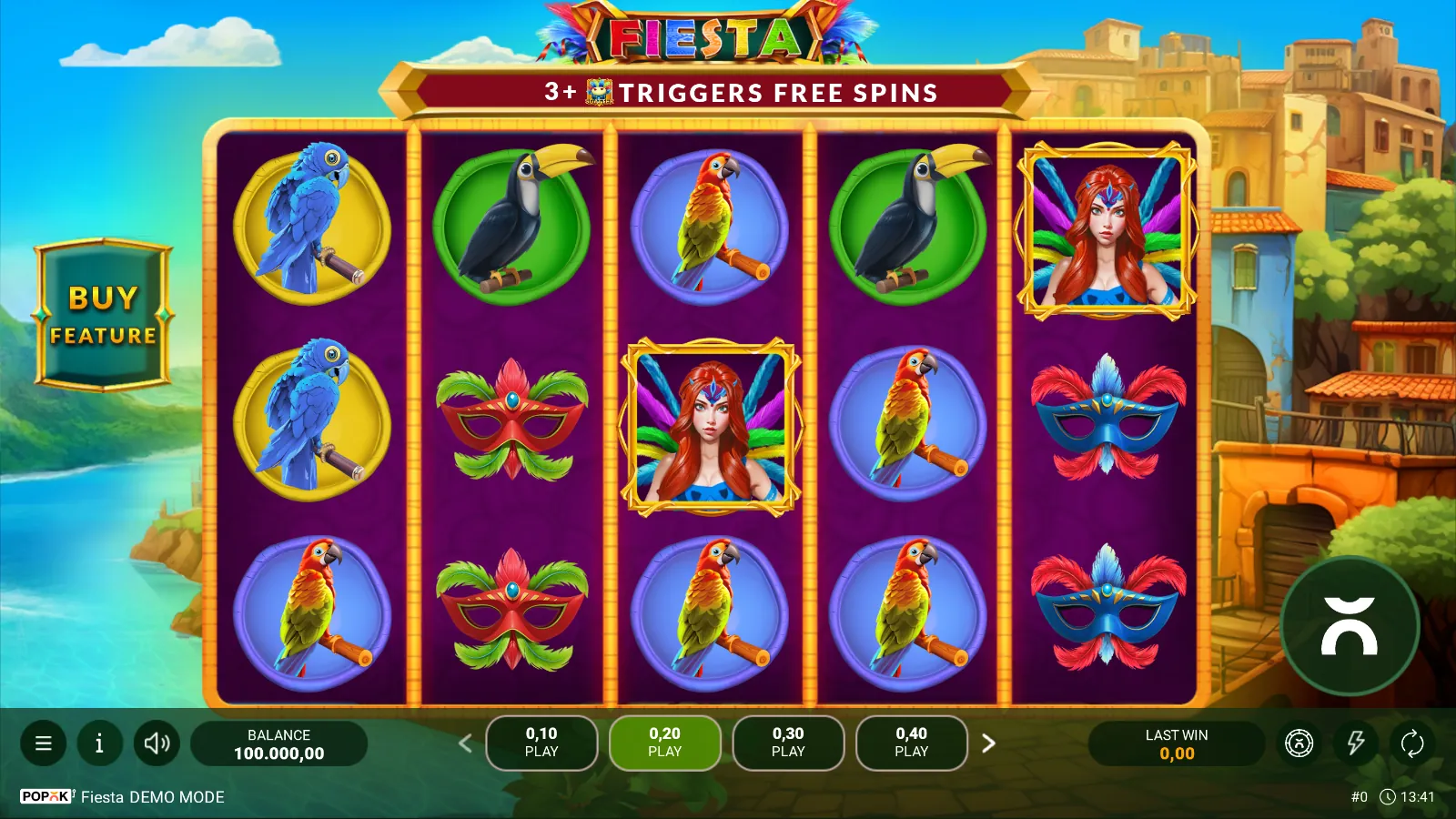Fiesta reels: 5x3 grid of macaws, toucans and carnival masks with framed Carnival Dancers on reels 3 and 5