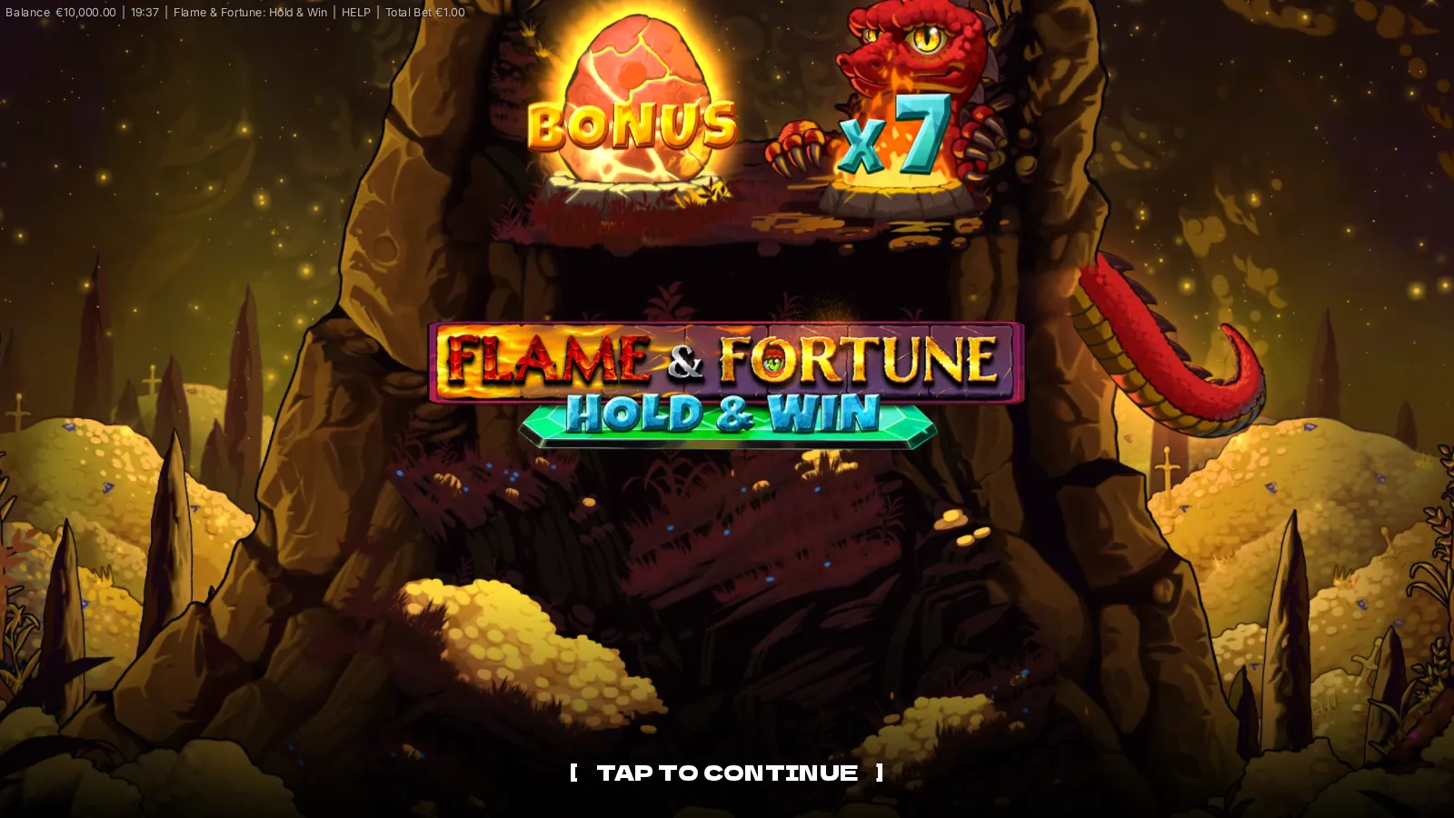 Flame & Fortune: Hold & Win splash screen with the BONUS egg, the red dragon showing x7, and the logo in a gold-filled cave