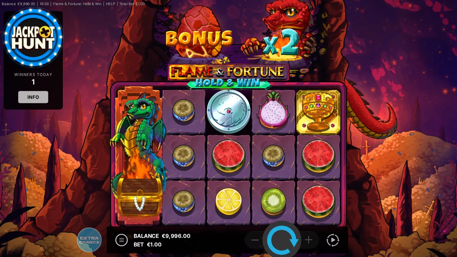 Flame & Fortune: Hold & Win reels with the Treasure Dragon on reel 1 and the multiplier at x2