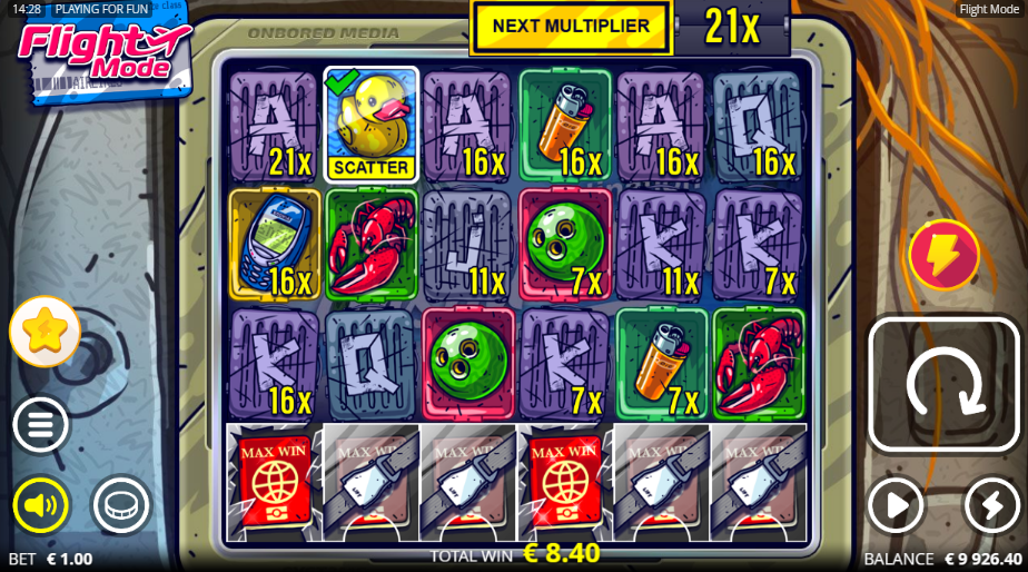 Flight Mode reels with symbol multipliers from 7x to 21x and the NEXT MULTIPLIER counter at 21x
