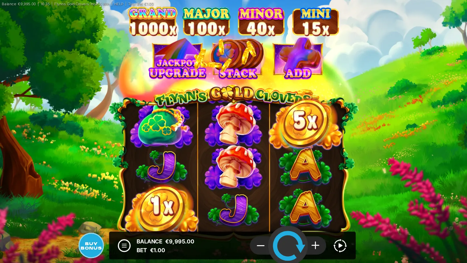Flynn's Gold Clovers reels with a 1x and a 5x Lucky Coin and two mushrooms on the middle reel