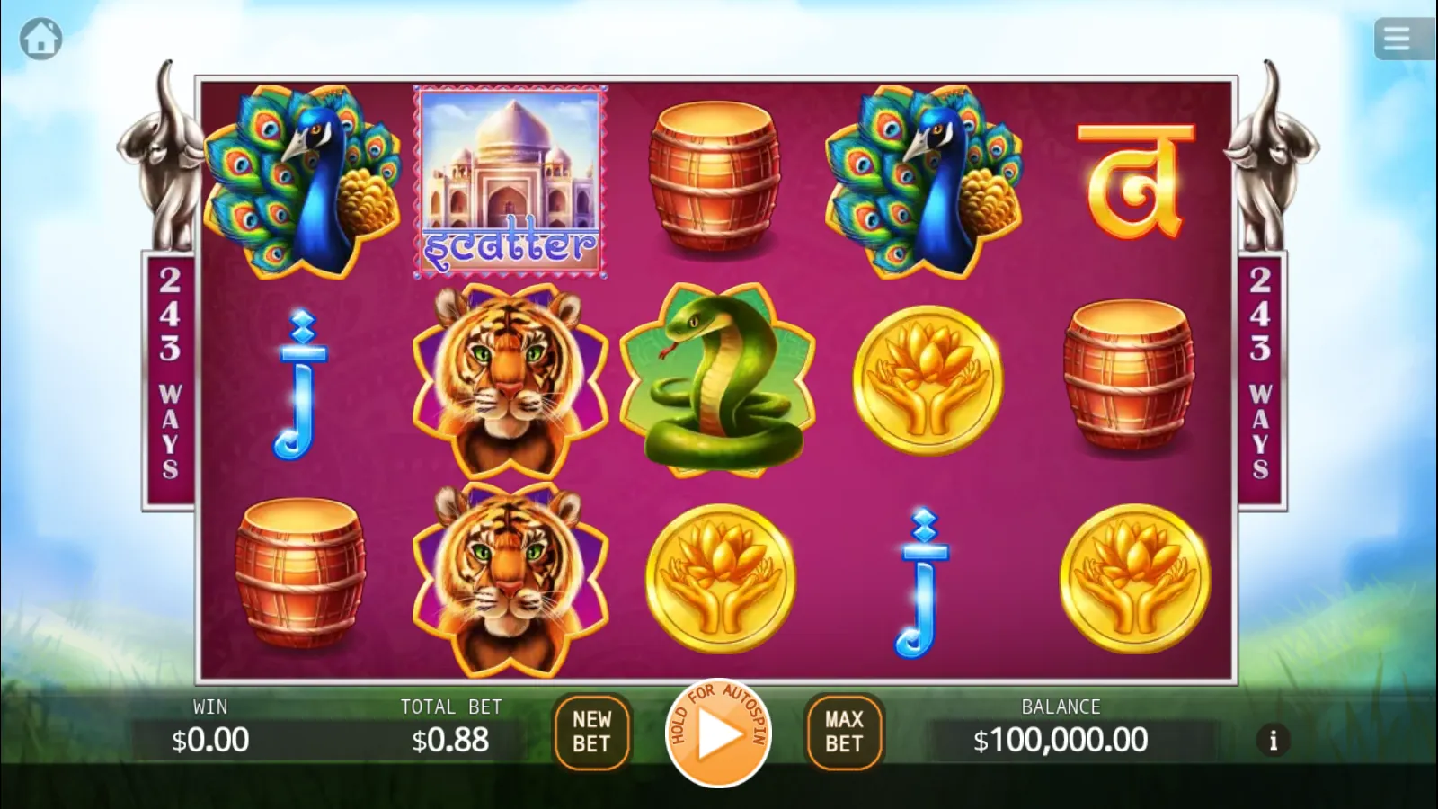 Fortune Ganesha 5x3 reels with a palace scatter, two tigers, peacocks, drums and lotus coins