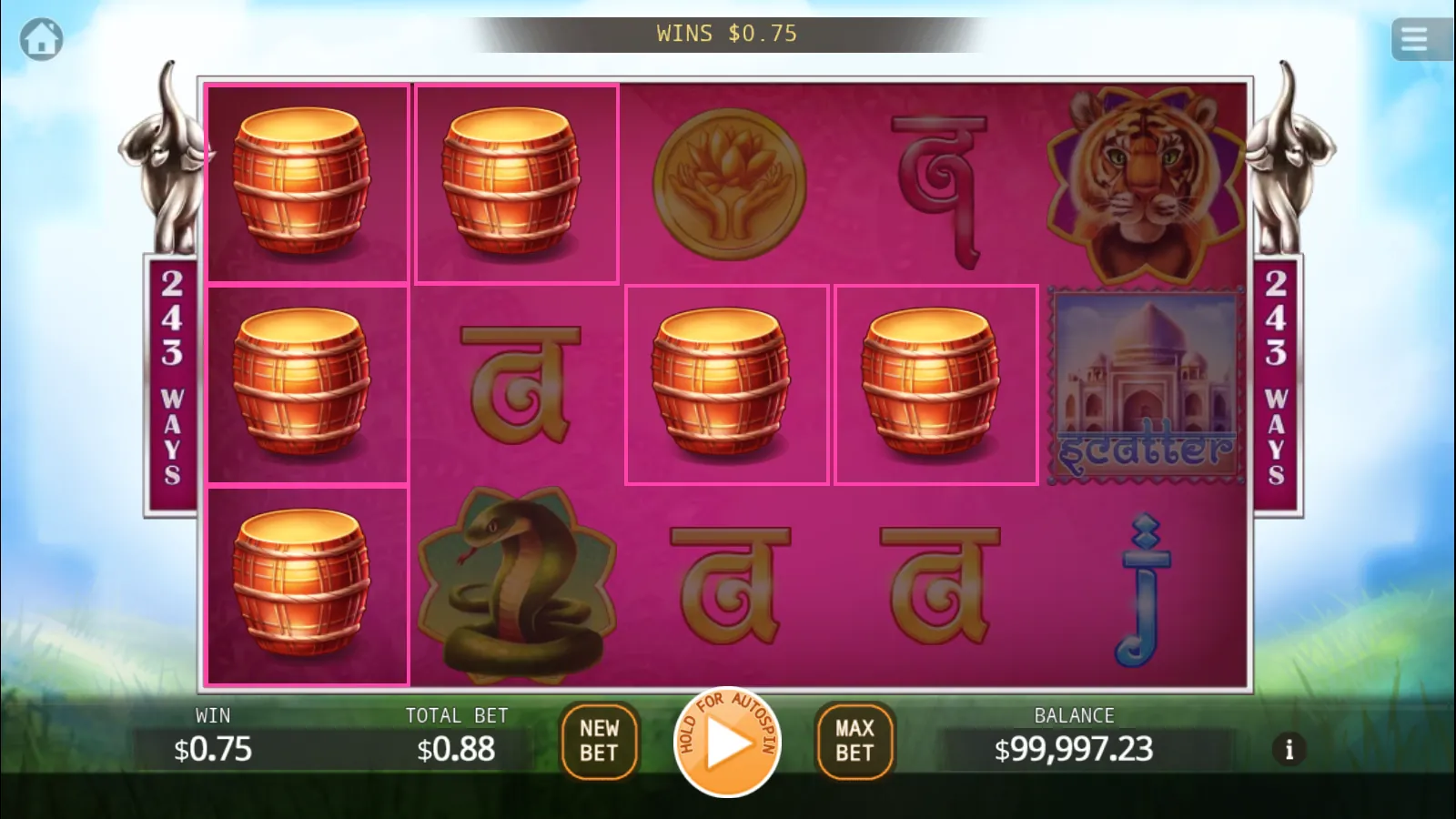 Fortune Ganesha reels with four-drum ways highlighted in pink frames and letter symbols on reels 2 to 5