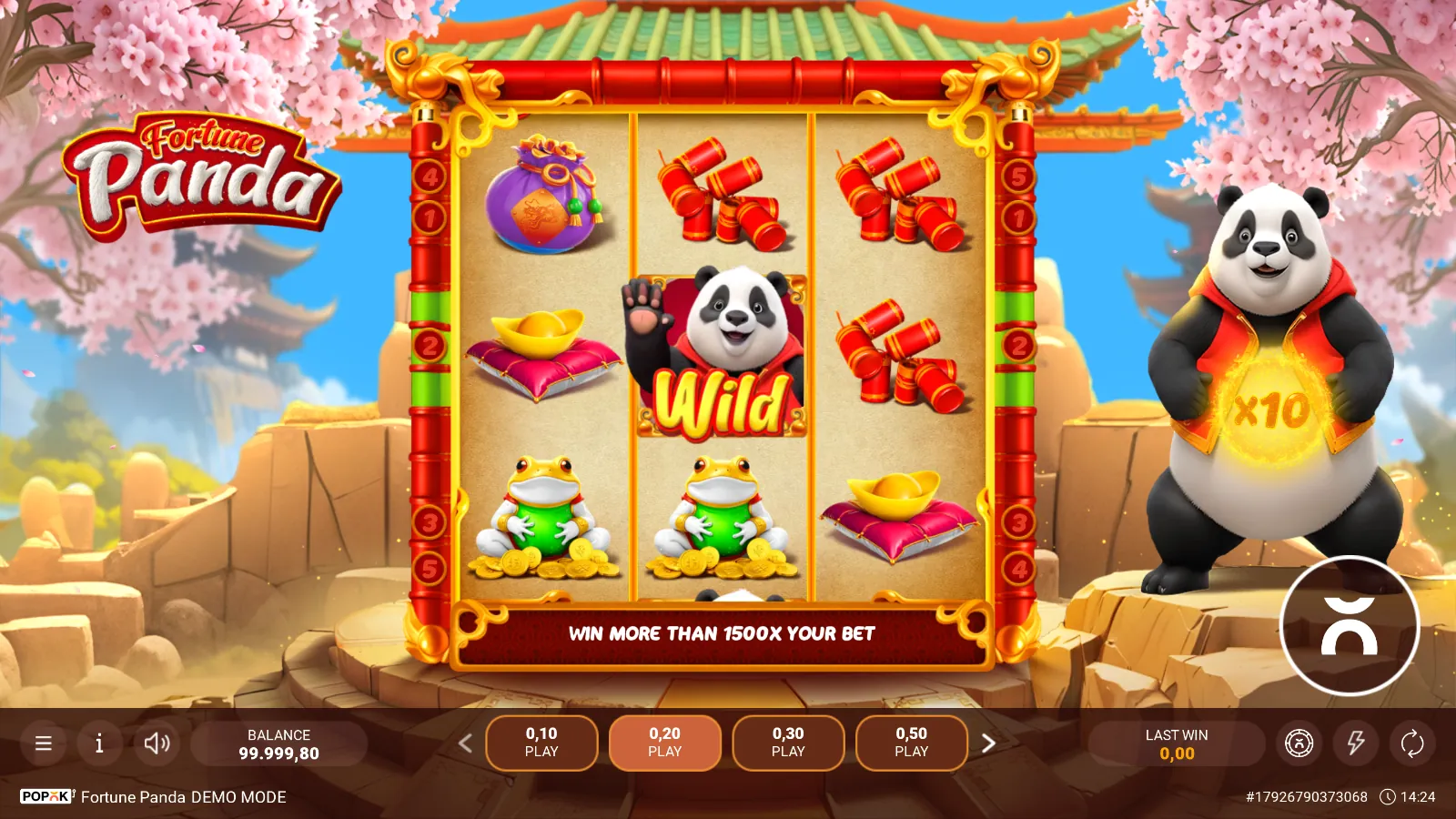 Fortune Panda 3x3 reels with the panda Wild in the centre, two gold ingots, two golden frogs and red firecrackers