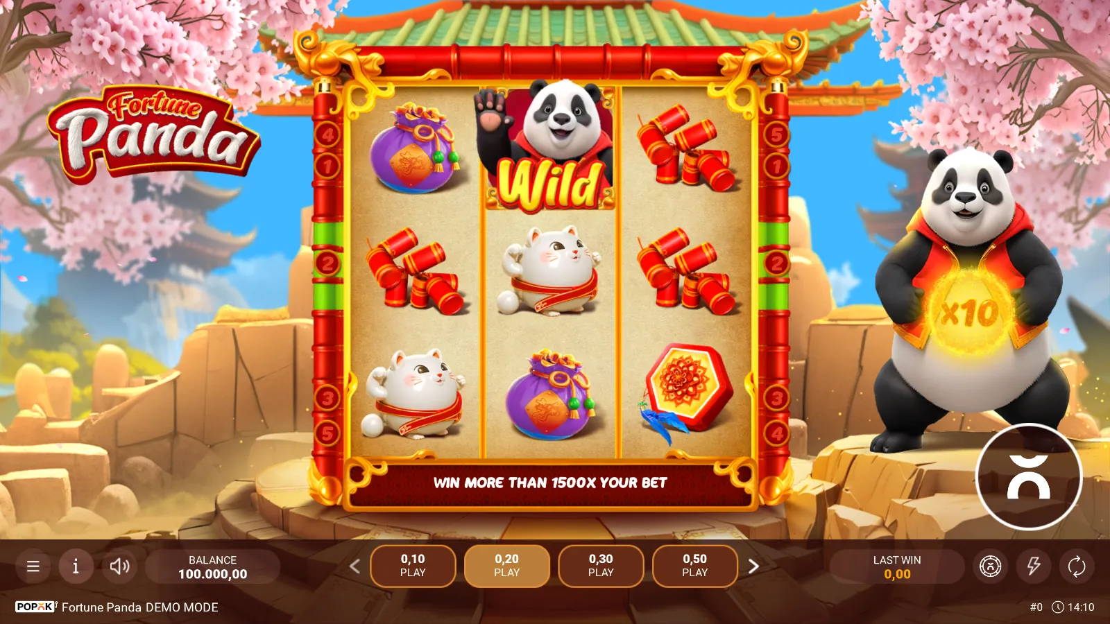 Fortune Panda reels: 3x3 grid with the panda Wild, firecrackers and lucky cats under a pagoda roof, panda holding an x10 coin