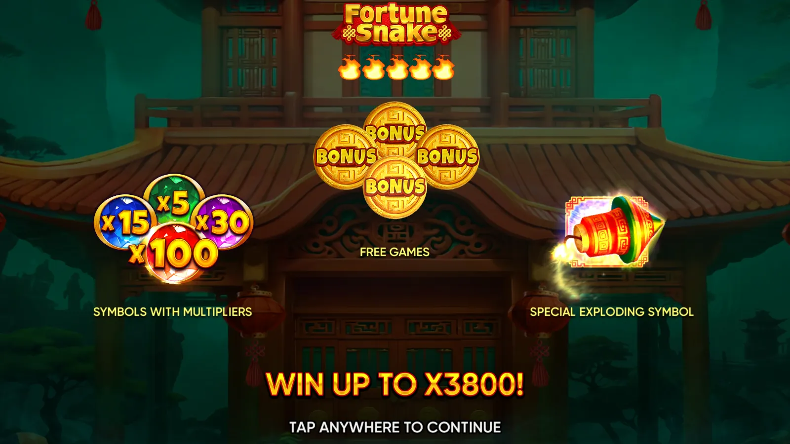 Fortune Snake intro screen with four BONUS coins, four gem multipliers and the firecracker symbol