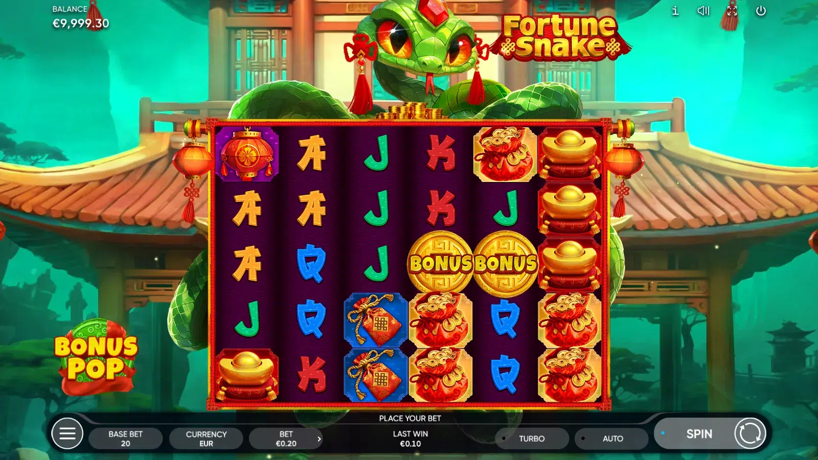 Fortune Snake reels with two BONUS coins side by side, five money bags and the coin pile on the grid's top edge