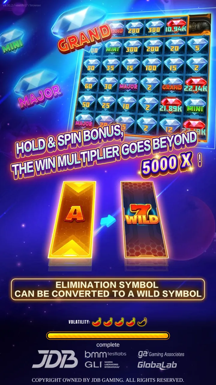 Fruity Bonanza key art with a gold-framed A card turning into a 7 WILD and GRAND, MAJOR and MINI diamonds