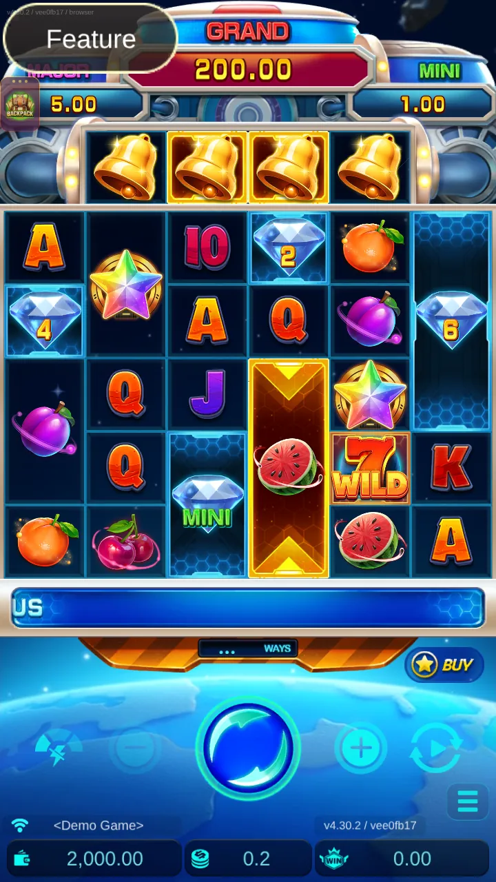 Fruity Bonanza reels: six-reel space grid with gold-framed bells on the top reel, a 7 WILD, two rainbow stars and blue diamonds
