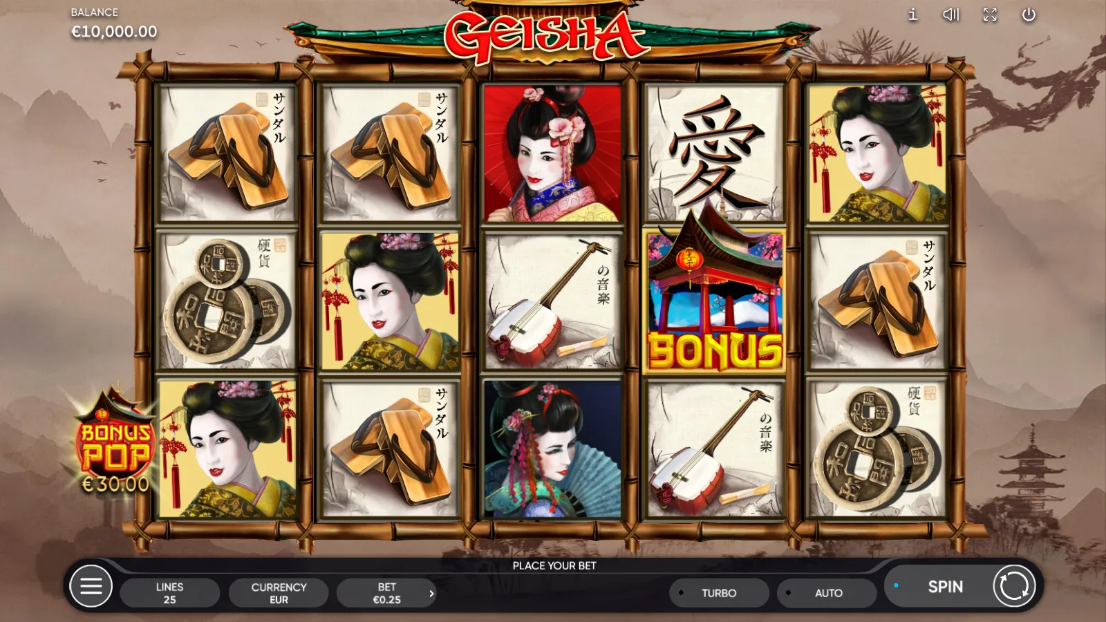 Geisha reels in bamboo frames with three geisha portraits and a BONUS temple