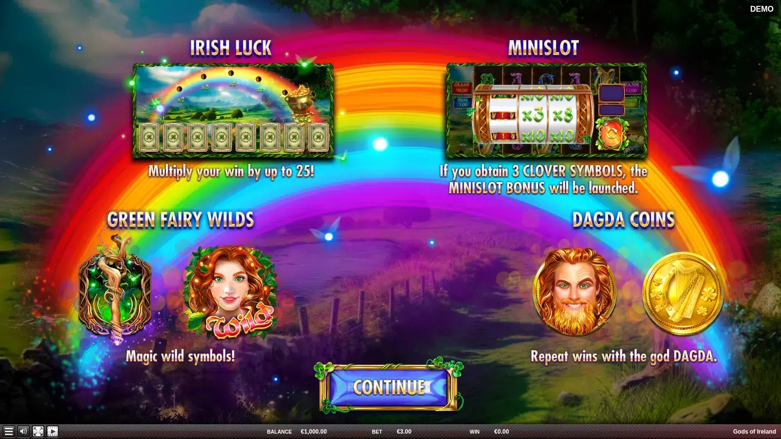 Gods of Ireland splash screen with Irish Luck, Minislot, Green Fairy Wilds and Dagda Coins panels under a rainbow