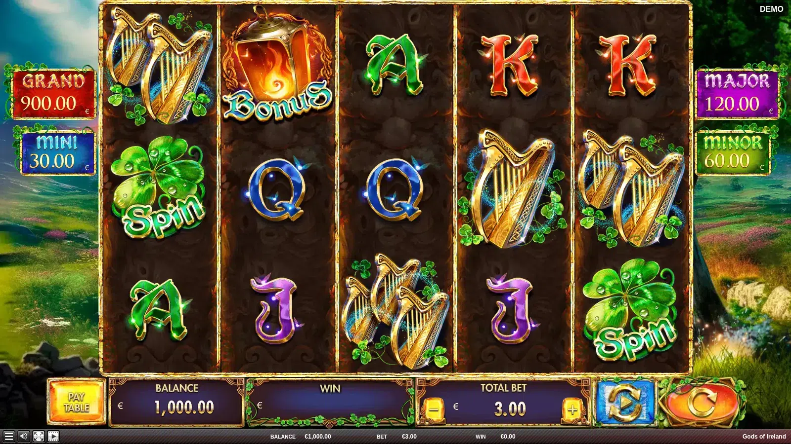 Gods of Ireland reels with two clover Spin symbols, a Bonus lantern and four jackpot meters