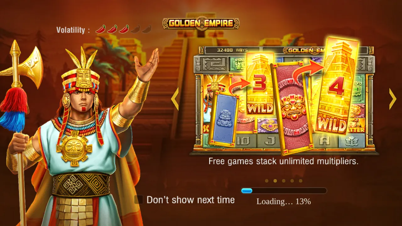 Golden Empire intro art with the plumed chief and gold-framed tiles turning into WILD pyramids