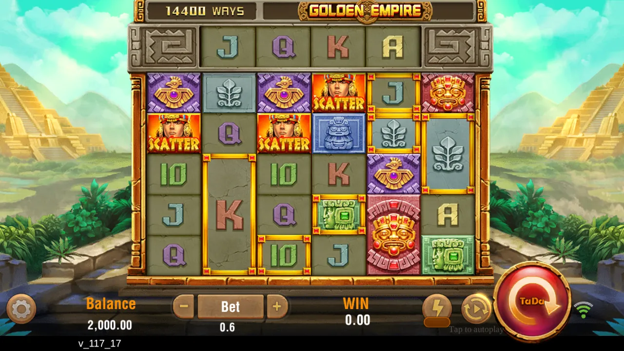 Golden Empire six-reel grid with a tall gold-framed K, Scatters on reels 1, 3, and 4, and a top row of letters