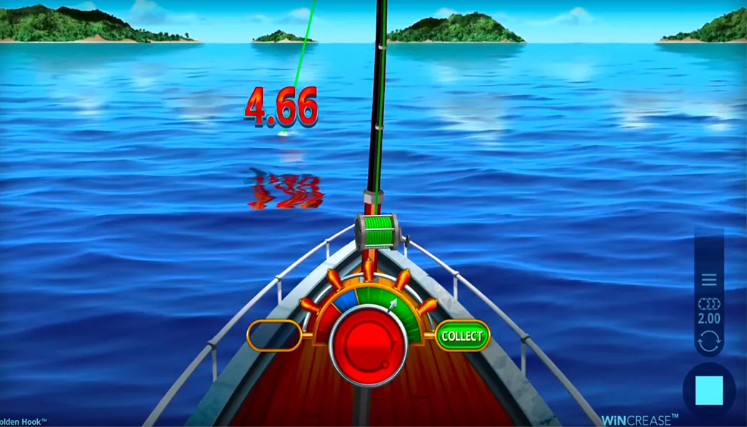 Golden Hook demo, the bow of a boat with the rod over open sea and a red hold button beside COLLECT