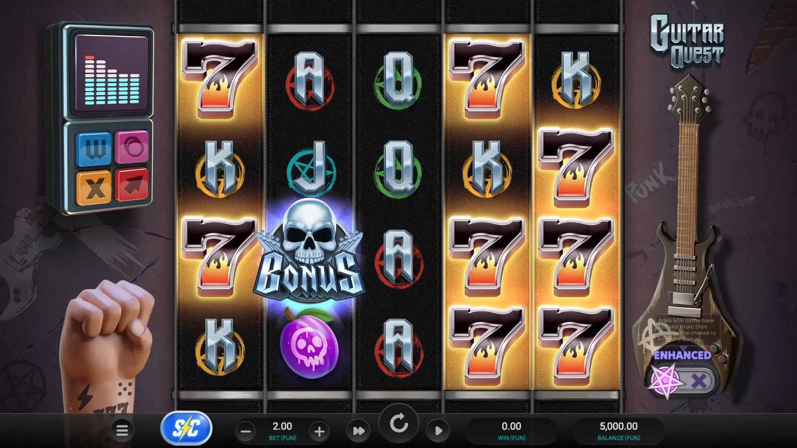 Guitar Quest 5x4 reels with eight flaming 7s, a Bonus skull on reel 2, and the Equalizer box