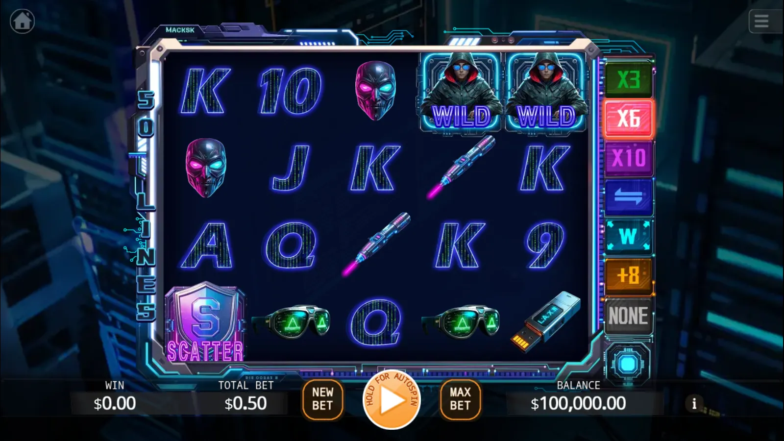 Hacker slot reels: 5x4 neon grid with two hooded Wilds, a shield scatter and the Bonus Symbol column