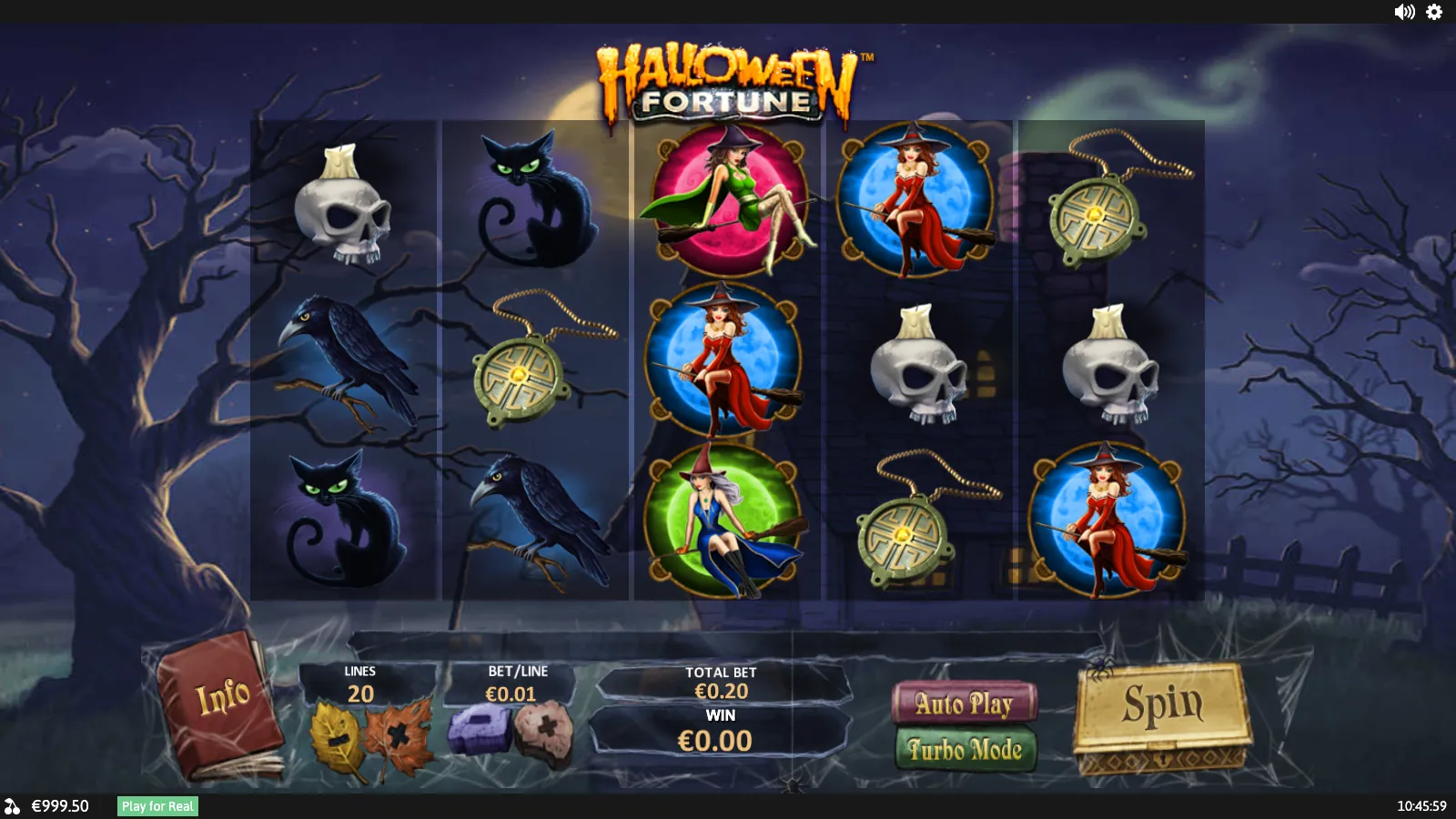 Halloween Fortune 5x3 reels with the pink, blue and green moon witches stacked on reel 3 beside black cats, ravens, candle skulls and amulets