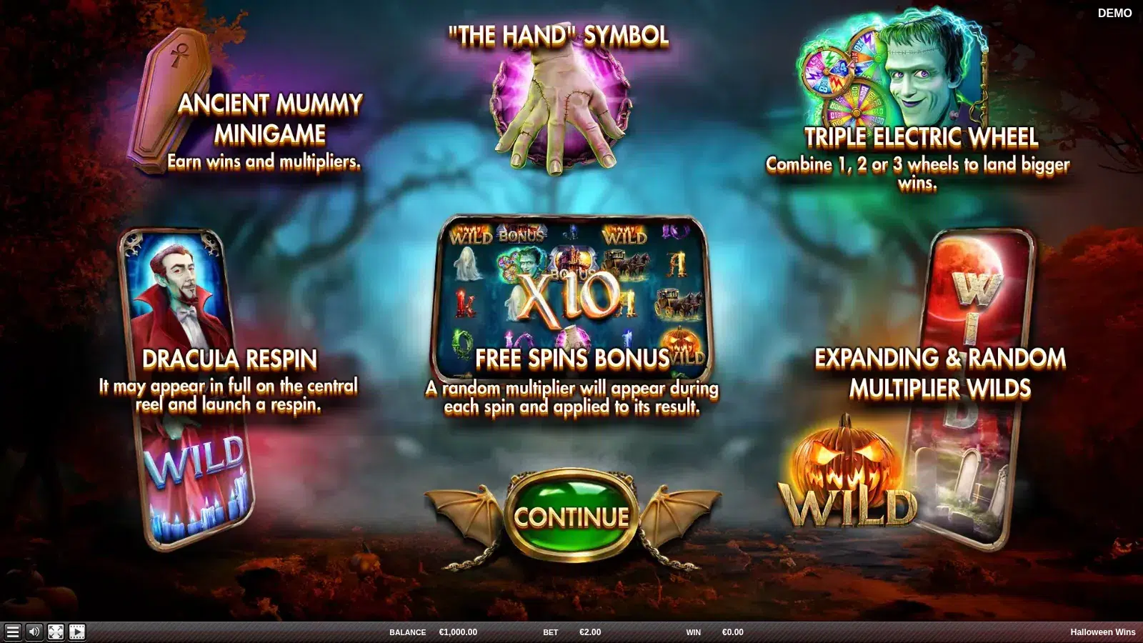 Halloween Wins splash screen with six feature cards, including Dracula, Frankenstein and a pumpkin Wild