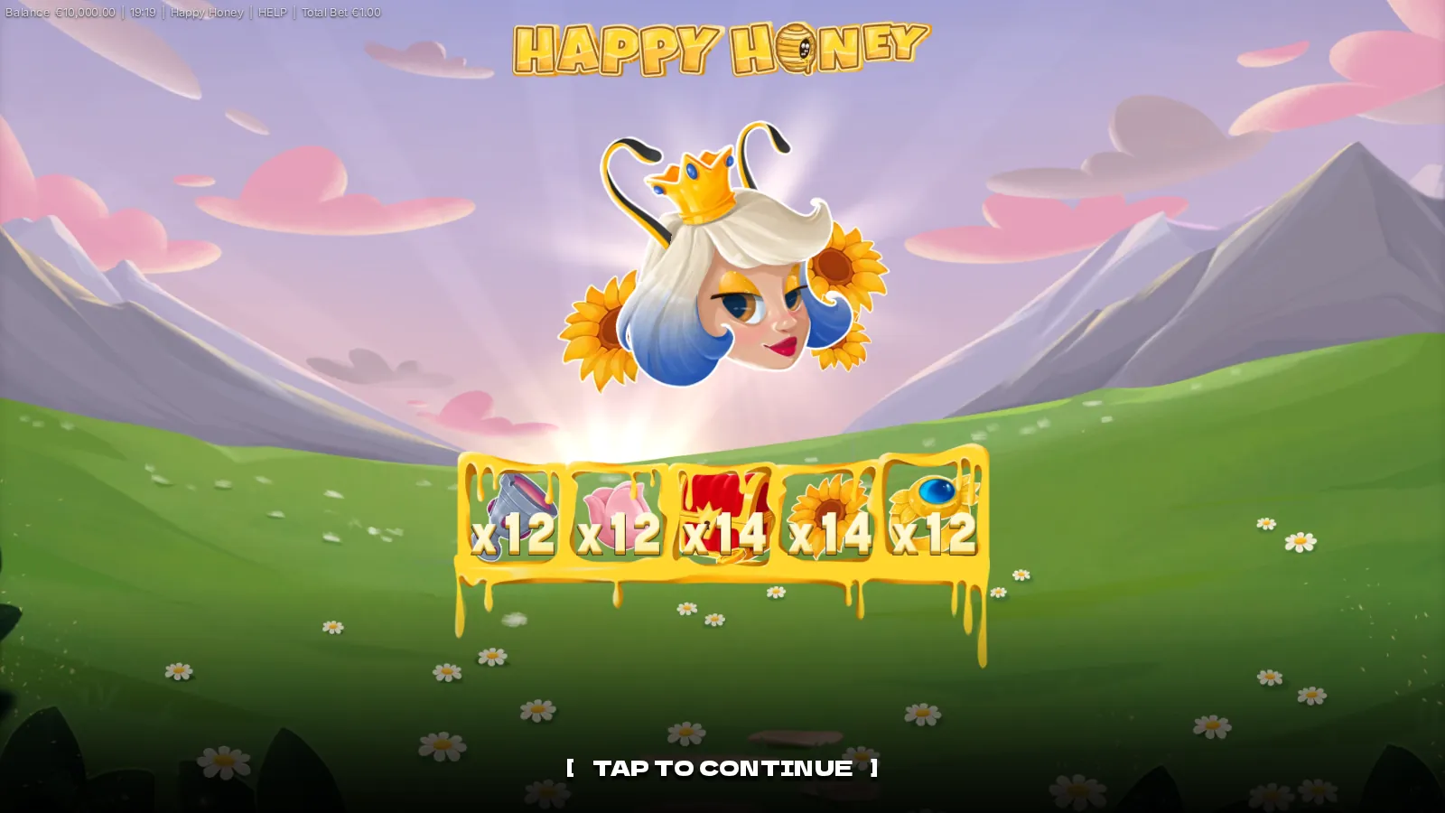 Happy Honey intro screen with the Queen Bee's head and a honey strip of five tiles showing x12 and x14 multipliers