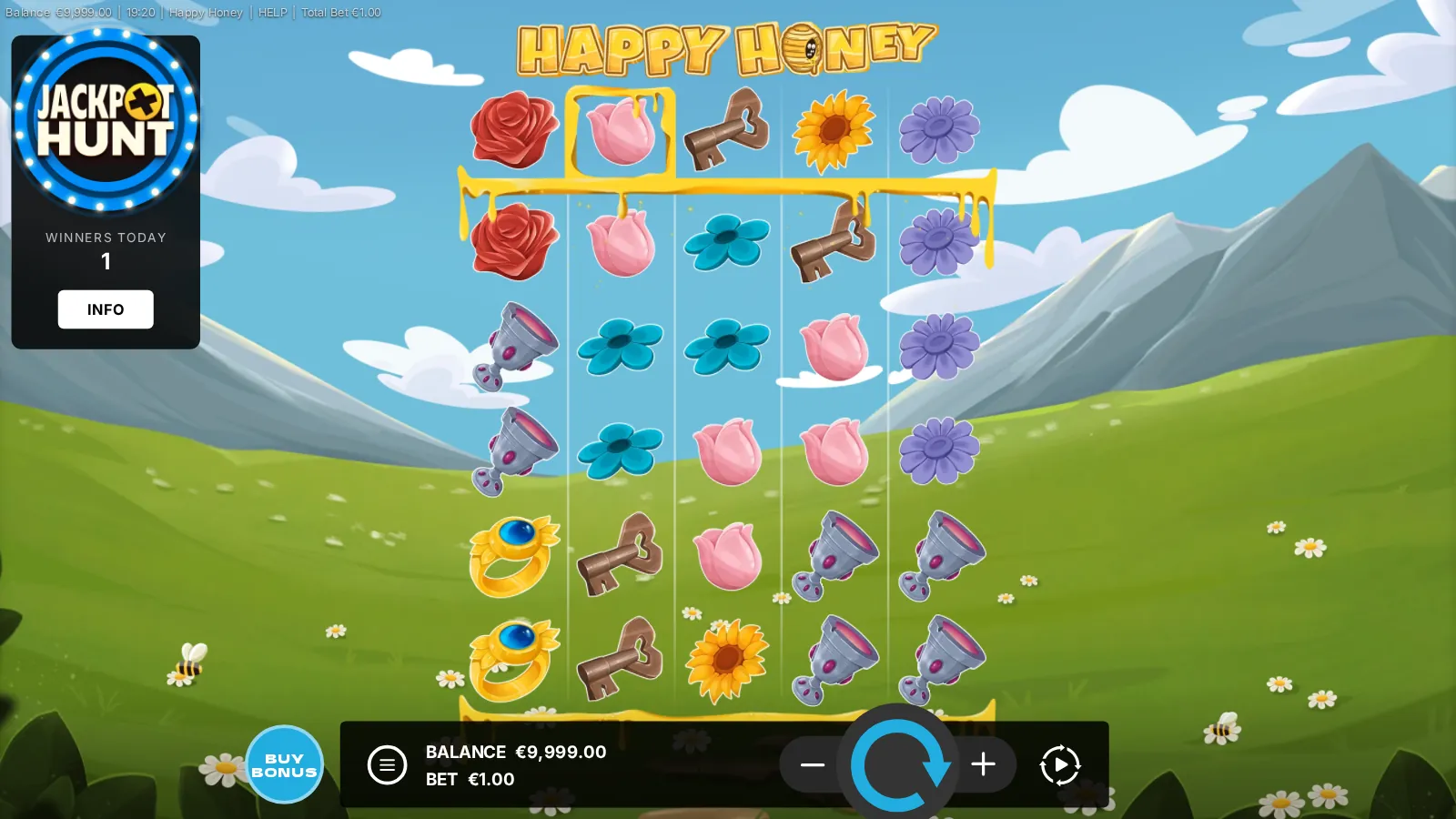 Happy Honey reels with a pink tulip locked in a honey frame on the top row