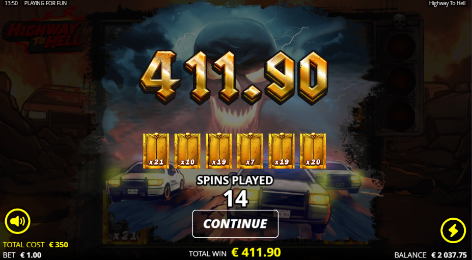Highway to Hell Hell Spins total of 411.90 after 14 spins, six Hellevator Booster frames holding multipliers from x7 to x21