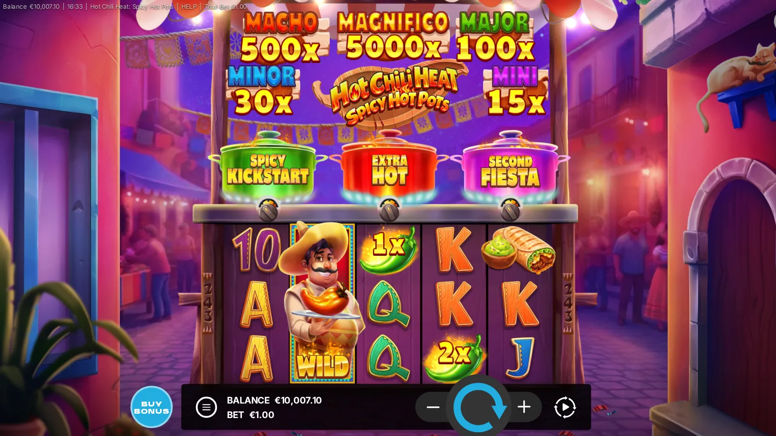 Hot Chili Heat reels with a sombrero Wild on reel 2 and green 1x and 2x Flaming Chilis on reels 3 and 4