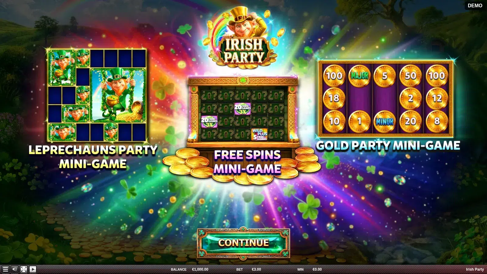 Irish Party splash with the leprechaun logo above the Leprechauns Party, Free Spins and Gold Party mini-game panels